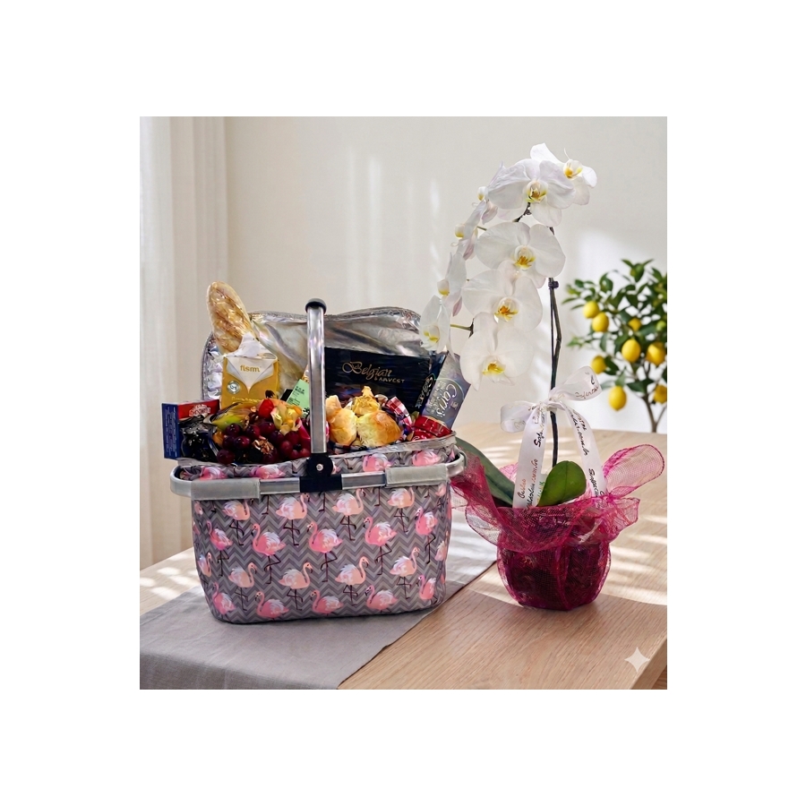 Foto Cesta Café da Manhã Térmica Flamingo com Flores Orquídeas