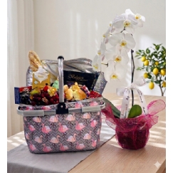 Foto Cesta Café da Manhã Térmica Flamingo com Flores Orquídeas