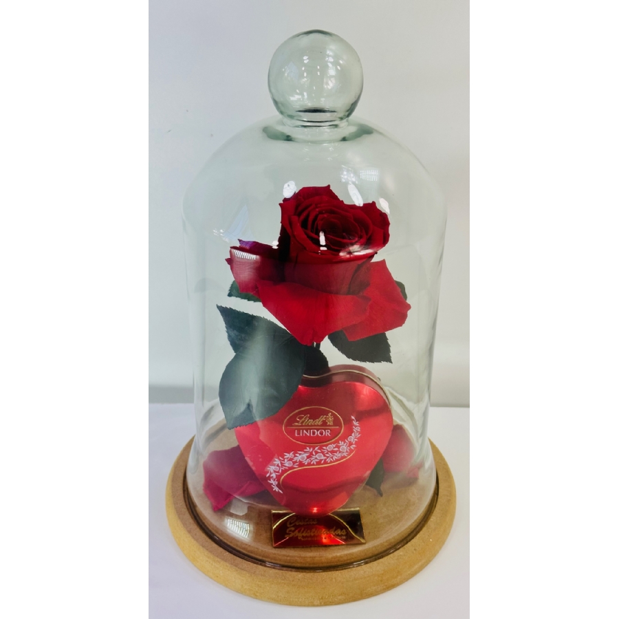 A Rosa Encantada Vermelha com o Coração de Chocolate Lindt