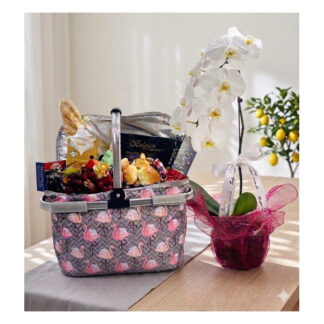 Cesta Café da Manhã Térmica Flamingo com Flores Orquídeas